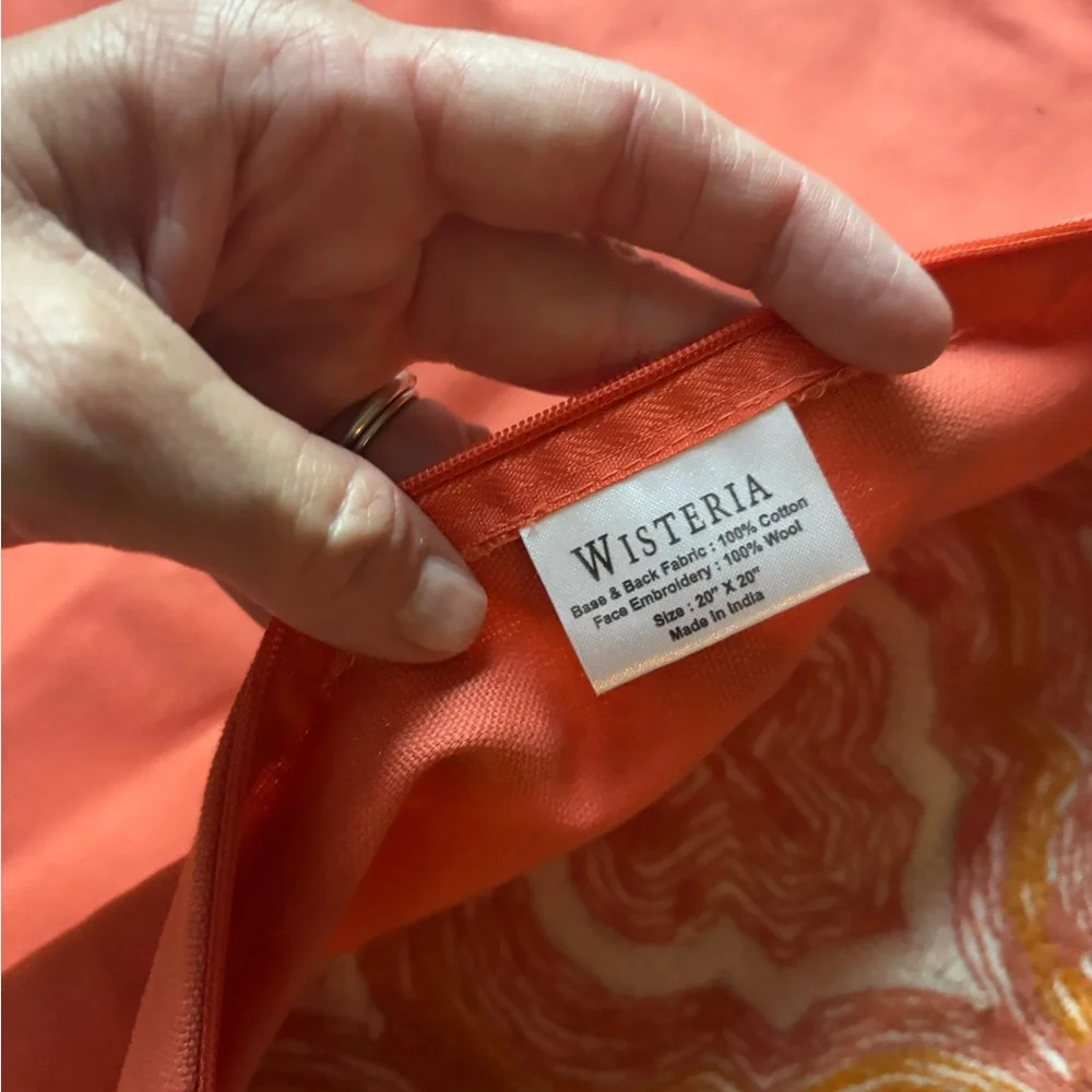 Wisteria Crewel Wool Orange Pink Geometric Pillow Cover Sham 20x20 Square